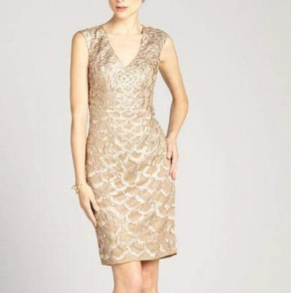 Sue Wong Gold Embroidered Scallop Motif Sheath Dress